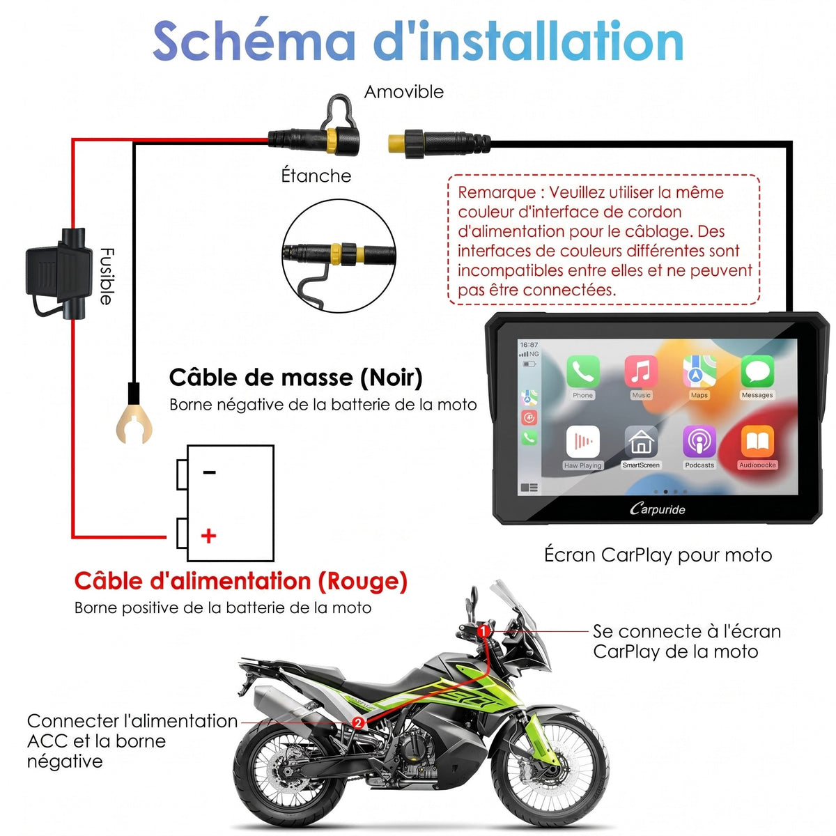 CarPlay moto Carpuride W502 – schéma de branchement électrique