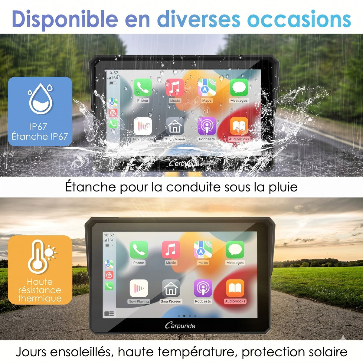 CarPlay moto Carpuride W502 – résistance à la pluie et à la chaleur