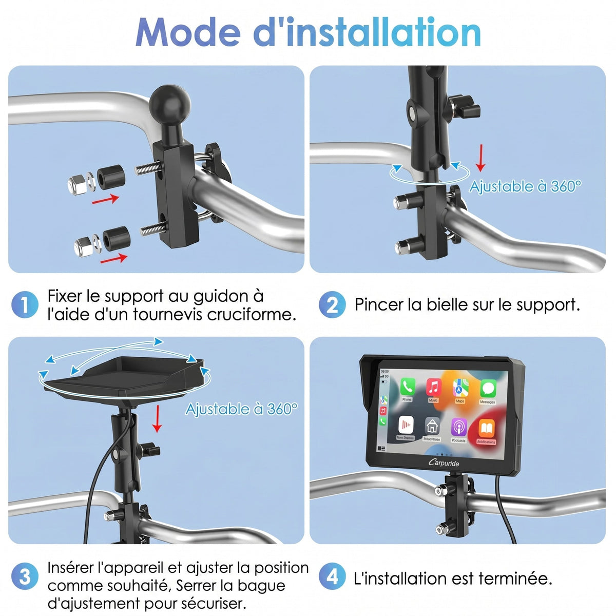CarPlay moto Carpuride W502 – installation sur le guidon